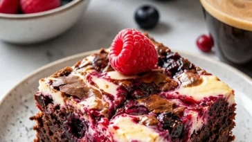 Drei-Schichten-Dessert mit frischen Beeren und Schokolade auf einem Teller.