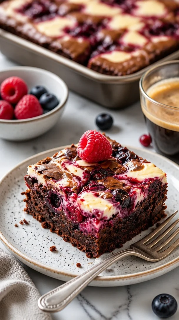 Drei-Schichten-Dessert mit frischen Beeren und Schokolade auf einem Teller.
