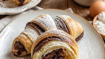 Leckere Blätterteig-Croissants mit Nutella auf einem Teller