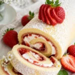 Erdbeeren Sahne Biskuitrolle auf einem Teller, dekoriert mit frischen Erdbeeren