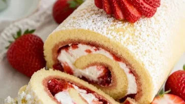 Erdbeeren Sahne Biskuitrolle auf einem Teller, dekoriert mit frischen Erdbeeren