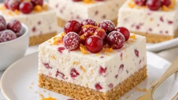 No-Bake Cranberry-Orange-Cheesecake-Riegel auf einem Teller serviert