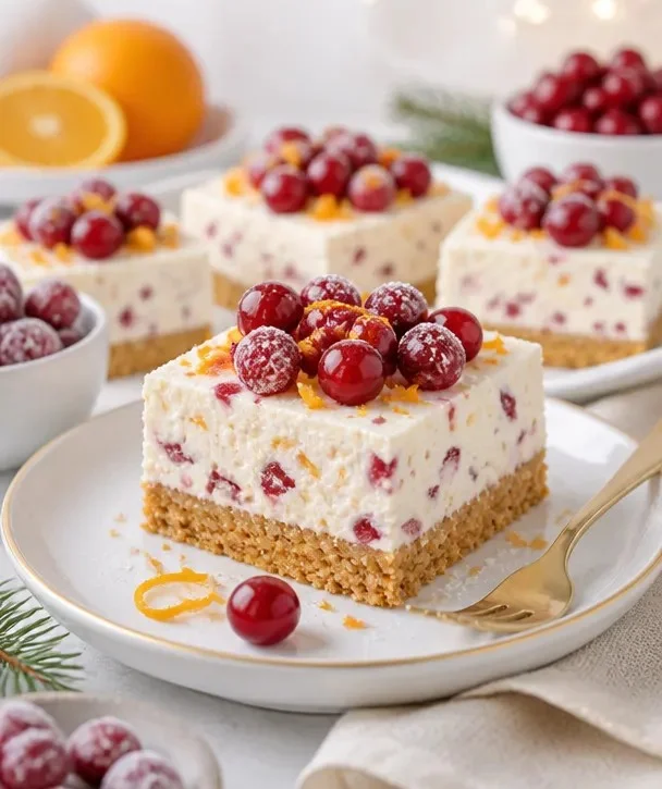 No-Bake Cranberry-Orange-Cheesecake-Riegel auf einem Teller serviert