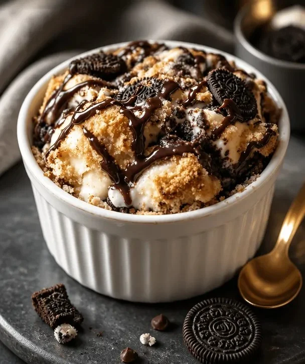 Leckeres Oreo Dump Cobbler auf einem Teller serviert