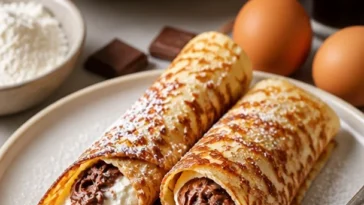 Einfache Schokoladencreme gefüllte Crêpes auf einem Teller serviert