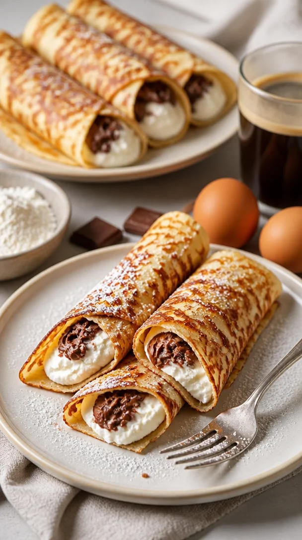 Einfache Schokoladencreme gefüllte Crêpes auf einem Teller serviert