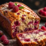 Leckeres und saftiges Himbeerbrot, frisch aus dem Ofen, serviert auf einem Tisch.