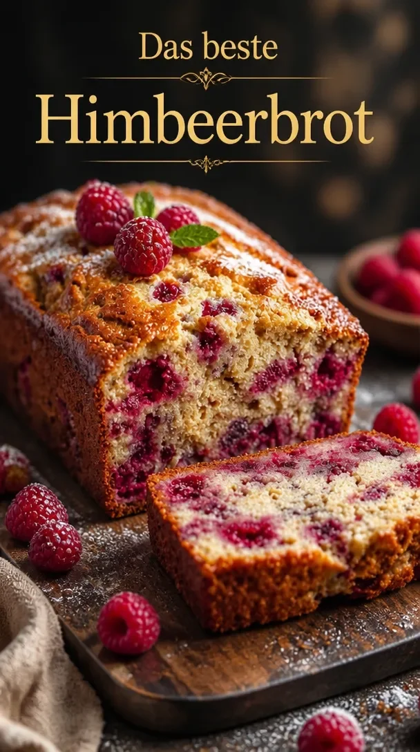 Leckeres und saftiges Himbeerbrot, frisch aus dem Ofen, serviert auf einem Tisch.