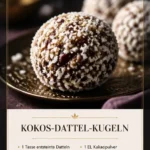 Energie-Kokos-Dattel-Bällchen auf einem Teller, gesunde Snack-Idee.