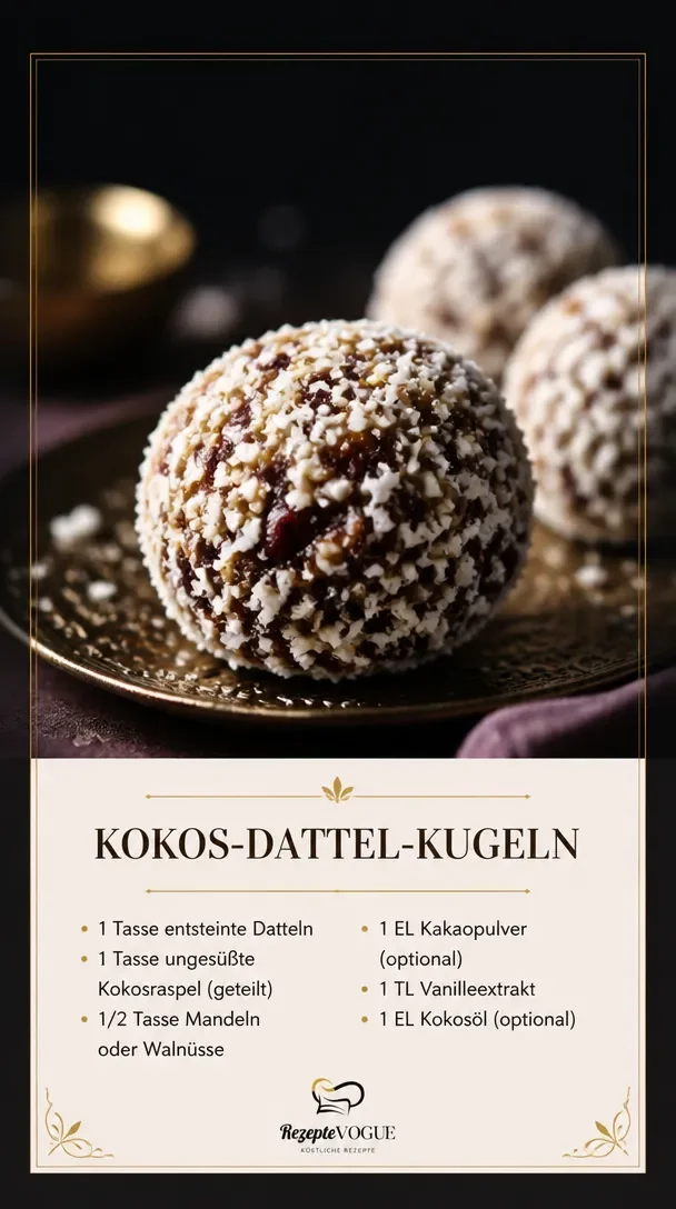Energie-Kokos-Dattel-Bällchen auf einem Teller, gesunde Snack-Idee.