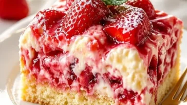Erdbeer-Erdbeben-Kuchen mit frischen Erdbeeren und Sahne-Toppings
