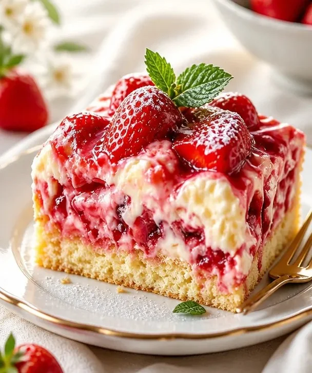 Erdbeer-Erdbeben-Kuchen mit frischen Erdbeeren und Sahne-Toppings