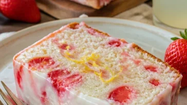 Erdbeer-Glasur-Pfundkuchen-Laib auf einem Teller