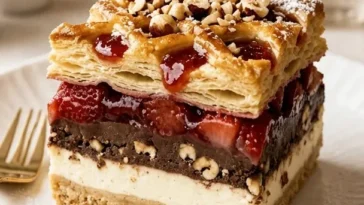 Erdbeer-Haselnuss-Danish-Pie auf einem rustikalen Holztisch