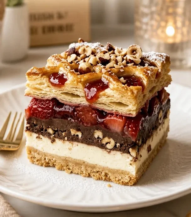 Erdbeer-Haselnuss-Danish-Pie auf einem rustikalen Holztisch