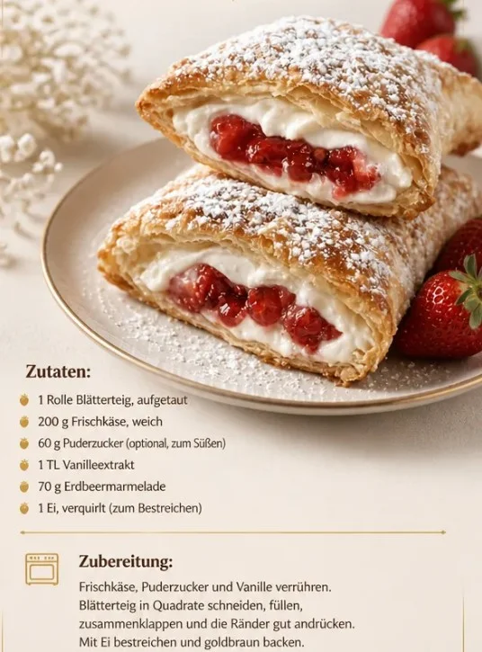 Erdbeer-Käsekuchen-Taschen frisch aus dem Ofen mit Erdbeeren und Käsefüllung