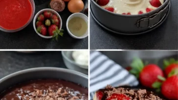 Leckerer Erdbeer Schoko Käsekuchen mit frischen Erdbeeren und Schokolade