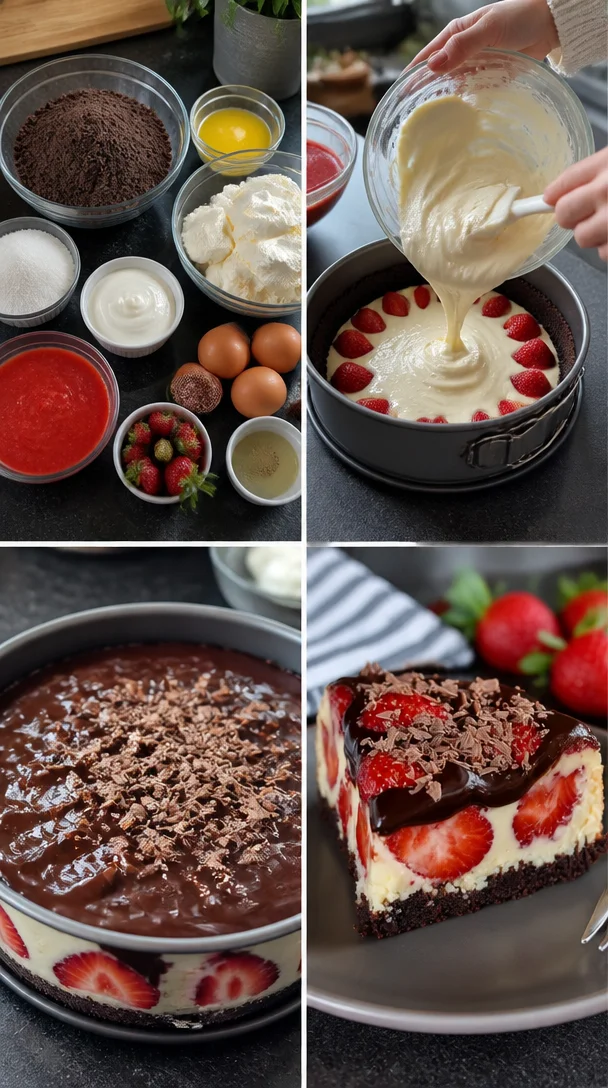 Leckerer Erdbeer Schoko Käsekuchen mit frischen Erdbeeren und Schokolade