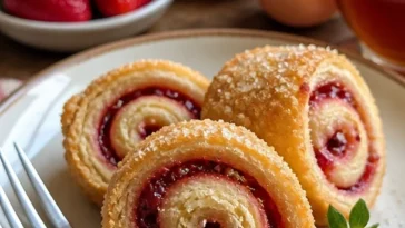 Knusprige Erdbeermarmeladenrollen-Kekse auf einem Teller
