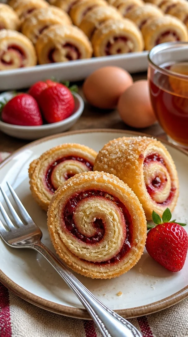 Knusprige Erdbeermarmeladenrollen-Kekse auf einem Teller