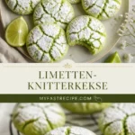 Erfreuliche Limetten-Crinkle-Cookies auf einem Teller, dekoriert mit Puderzucker.