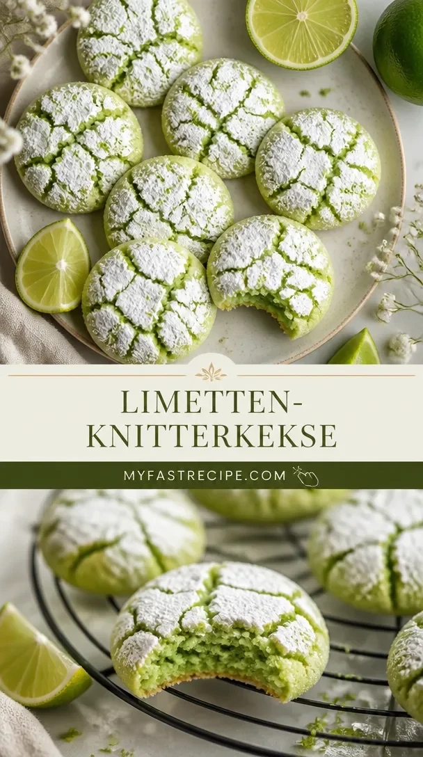 Erfreuliche Limetten-Crinkle-Cookies auf einem Teller, dekoriert mit Puderzucker.