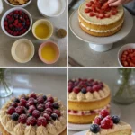 Festlicher Kuchen ohne Backen auf einem Tisch dekoriert mit Früchten und Sahne