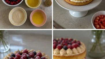 Festlicher Kuchen ohne Backen auf einem Tisch dekoriert mit Früchten und Sahne