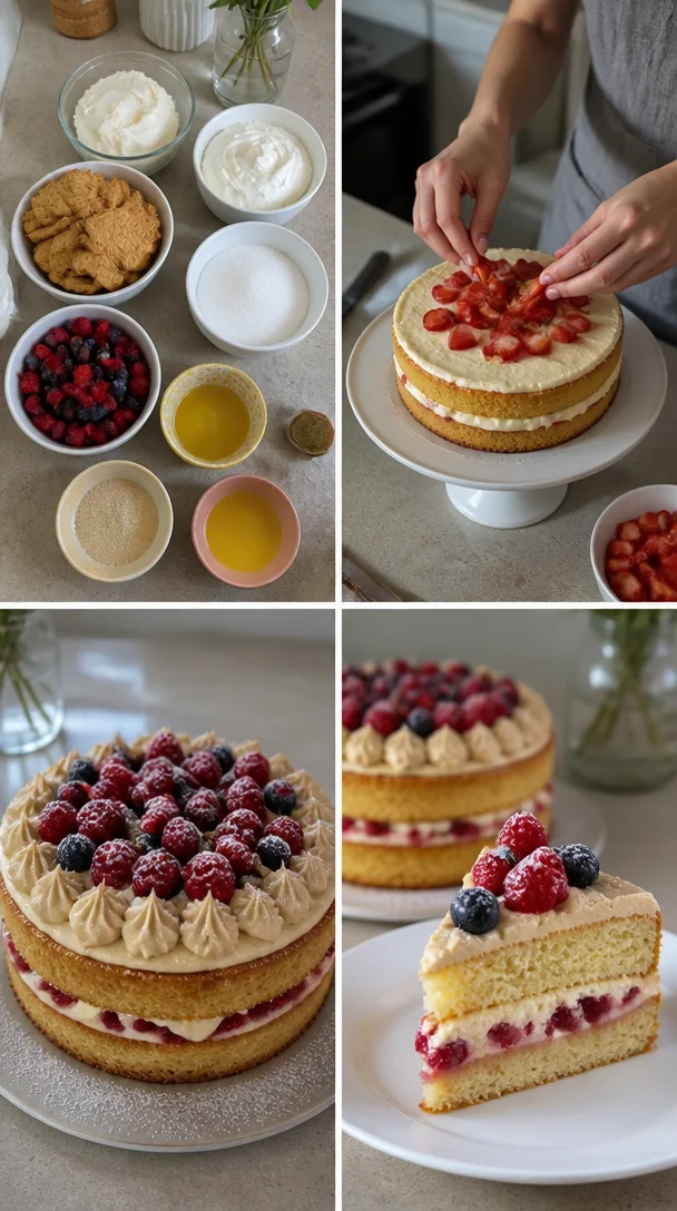 Festlicher Kuchen ohne Backen auf einem Tisch dekoriert mit Früchten und Sahne