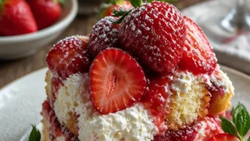 Feuriger Erdbeer-Shortcake-Trifle mit frischen Erdbeeren und Sahne