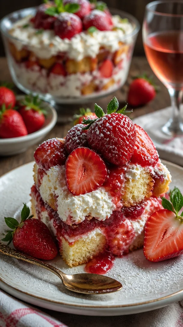 Feuriger Erdbeer-Shortcake-Trifle mit frischen Erdbeeren und Sahne