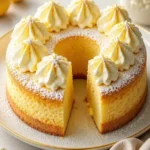 Flaumiger Zitronenkuchen mit Schlagsahne und Puderzucker auf einem eleganten Teller