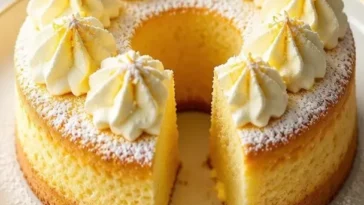 Flaumiger Zitronenkuchen mit Schlagsahne und Puderzucker auf einem eleganten Teller