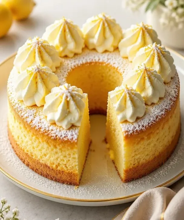 Flaumiger Zitronenkuchen mit Schlagsahne und Puderzucker auf einem eleganten Teller