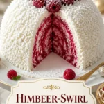 Fluffige Kokos-Schneeball-Torte mit Himbeerwirbel auf einem Teller angerichtet.