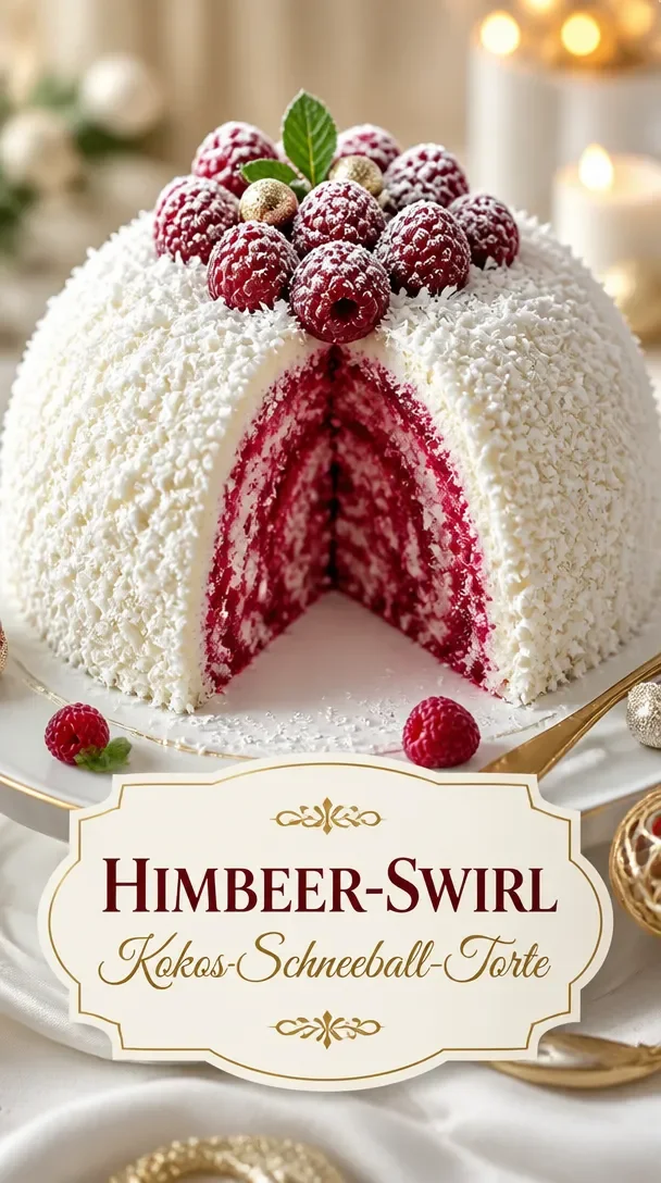 Fluffige Kokos-Schneeball-Torte mit Himbeerwirbel auf einem Teller angerichtet.
