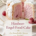 Frischer Himbeer-Engelsfoodkuchen auf einem Teller, dekoriert mit Himbeeren