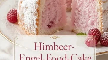 Frischer Himbeer-Engelsfoodkuchen auf einem Teller, dekoriert mit Himbeeren