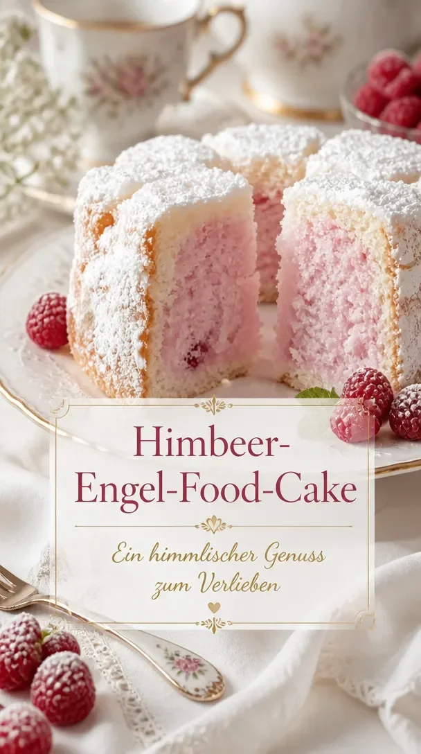 Frischer Himbeer-Engelsfoodkuchen auf einem Teller, dekoriert mit Himbeeren