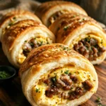 Frühstücksbrötchen mit Truthahnwurst, Ei und Käse auf einem rustikalen Tisch