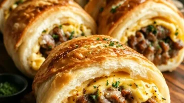 Frühstücksbrötchen mit Truthahnwurst, Ei und Käse auf einem rustikalen Tisch