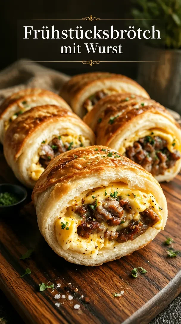 Frühstücksbrötchen mit Truthahnwurst, Ei und Käse auf einem rustikalen Tisch