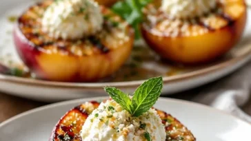Gegrillte Nektarinen mit cremigem Mascarpone auf dem Grill serviert