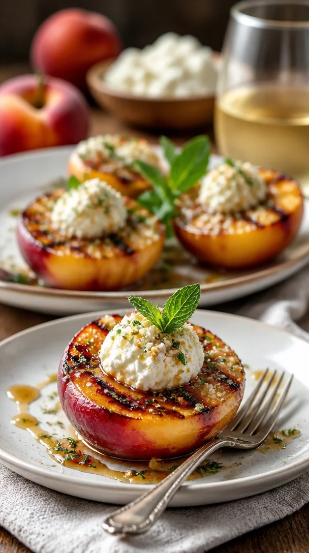 Gegrillte Nektarinen mit cremigem Mascarpone auf dem Grill serviert