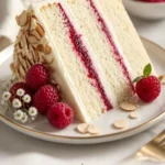Himbeer-Mandeltorte mit frischen Himbeeren und Mandeln, appetitlich angerichtet.