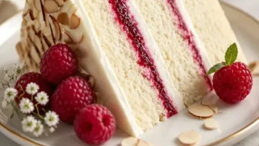 Himbeer-Mandeltorte mit frischen Himbeeren und Mandeln, appetitlich angerichtet.