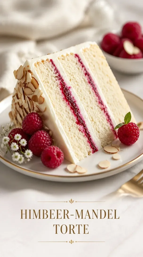 Himbeer-Mandeltorte mit frischen Himbeeren und Mandeln, appetitlich angerichtet.