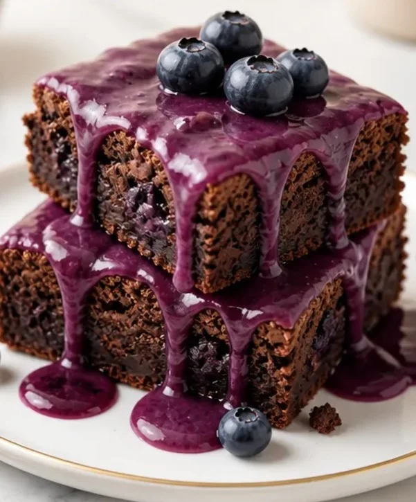 Glasierte Heidelbeer-Brownies auf einem Teller, ein verführerisches Dessert.