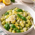 Gnocchi mit Basilikumpesto, Zitrone und Parmesan auf einem Teller angerichtet