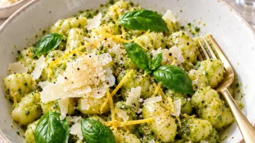Gnocchi mit Basilikumpesto, Zitrone und Parmesan auf einem Teller angerichtet